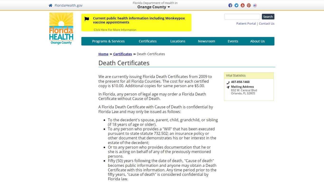 Death Certificates | Florida Department of Health in Orange