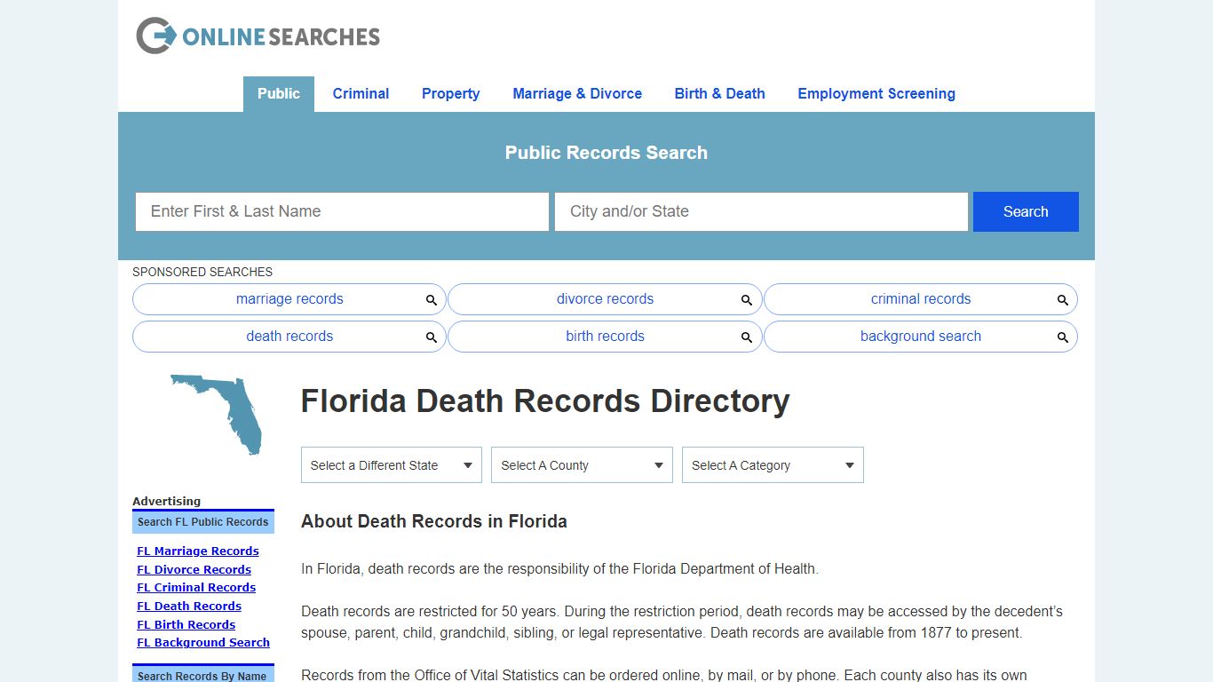 Florida Death Records Search Directory - OnlineSearches.com