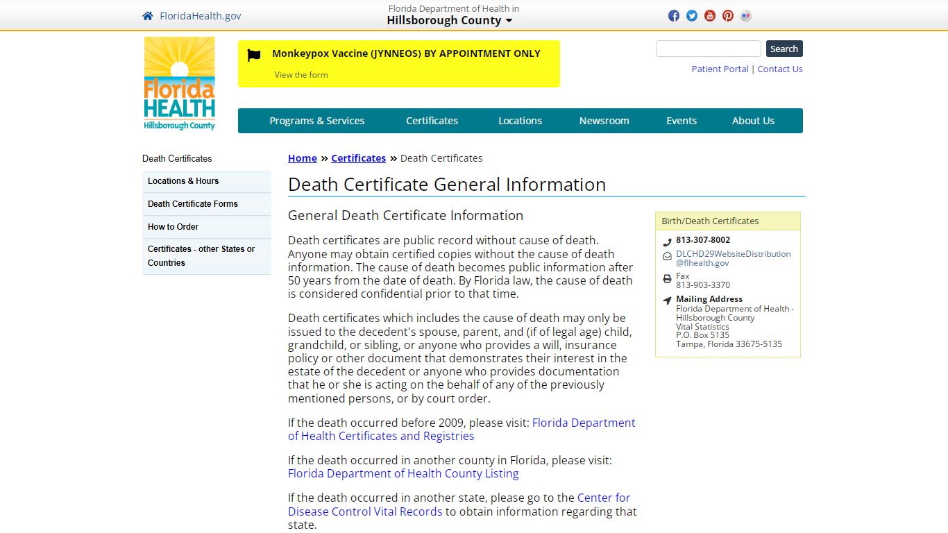 Death Certificate General Information | Florida Department of Health in ...