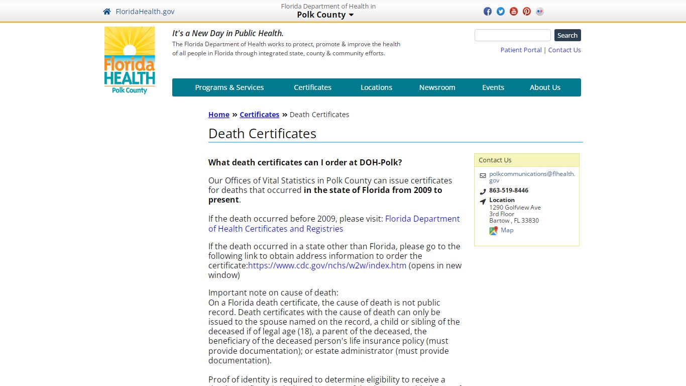 Death Certificates | Florida Department of Health in Polk