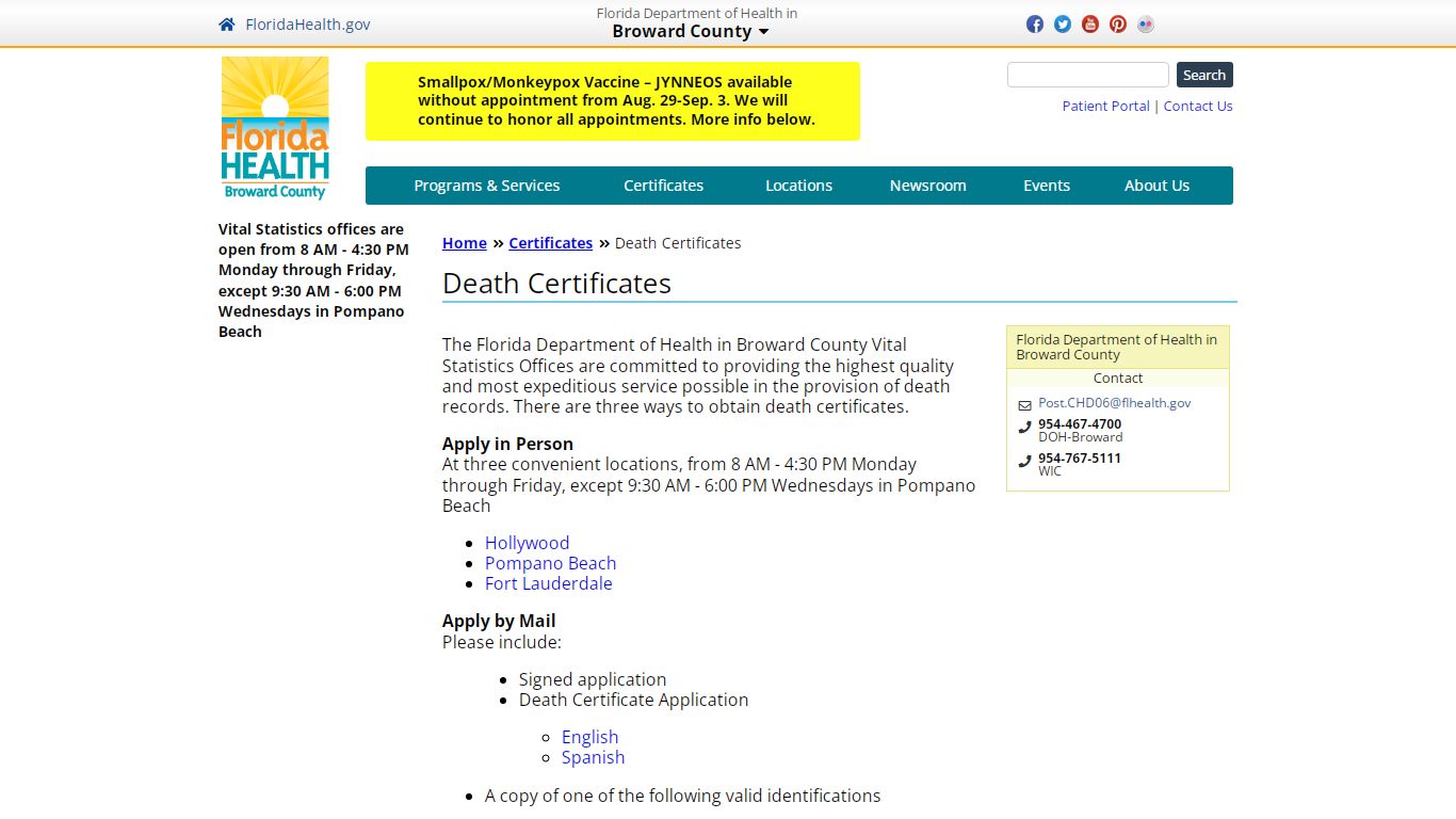 Death Certificates | Florida Department of Health in Broward